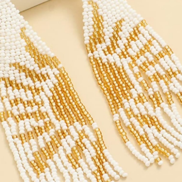 5" Abstract Sunshine White Gold Long Beaded Oversized Rays of Sun Earrings New - Picture 3 of 5